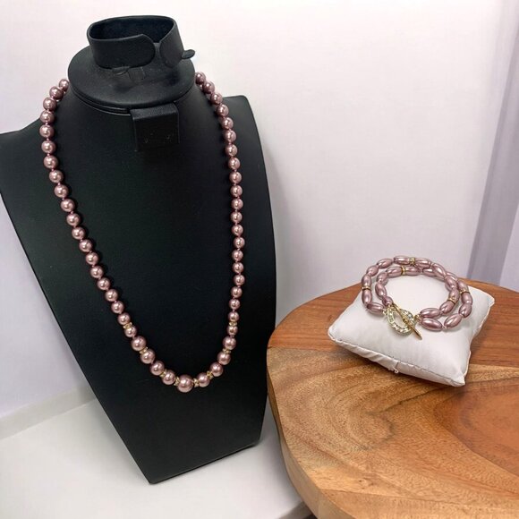 Monet Simulated Pearl Necklace & Bracelet Set Dusky Rose Crystal Gold-Tone Clasp - Picture 1 of 10